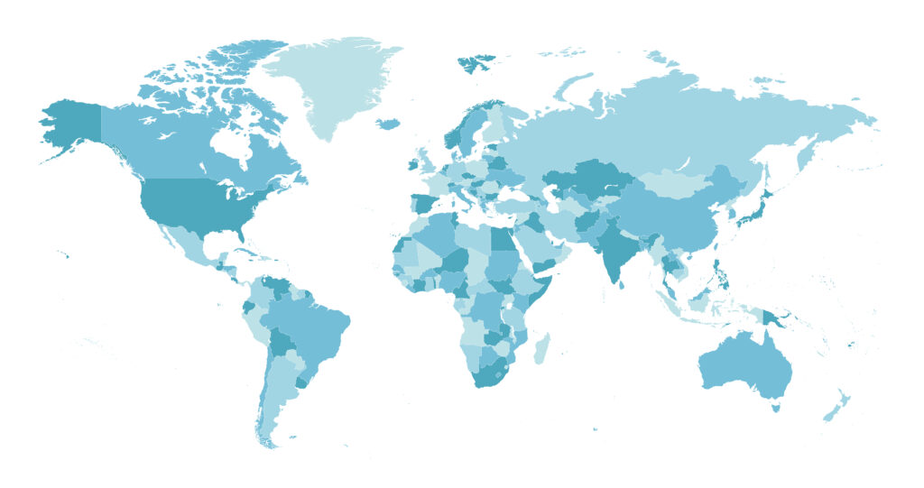 World Map. Highly detailed map of the world with detailed borders of all countries in blue colors. 