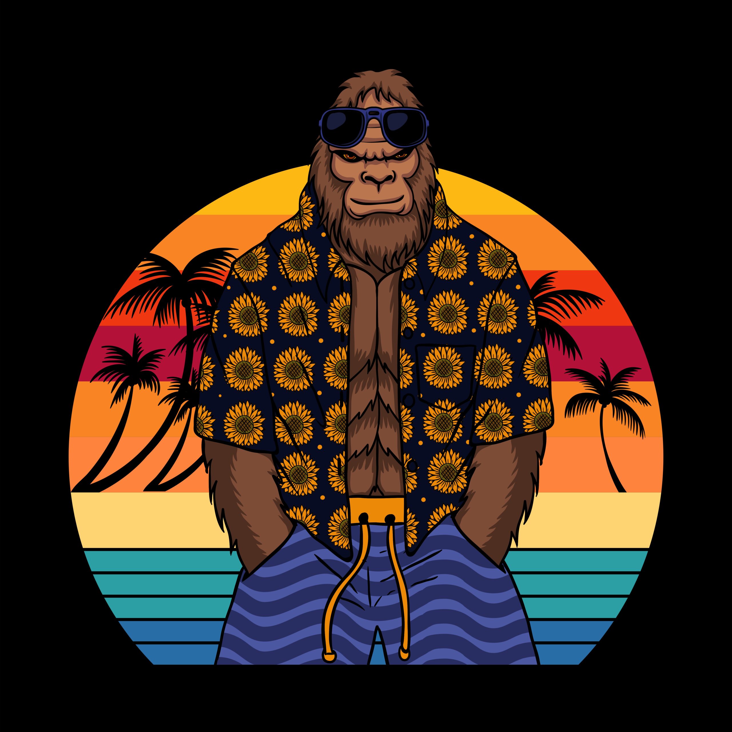 bigfoot at the beach wearing sunglasses, a Hawaiian shirt, and swimming trunks.