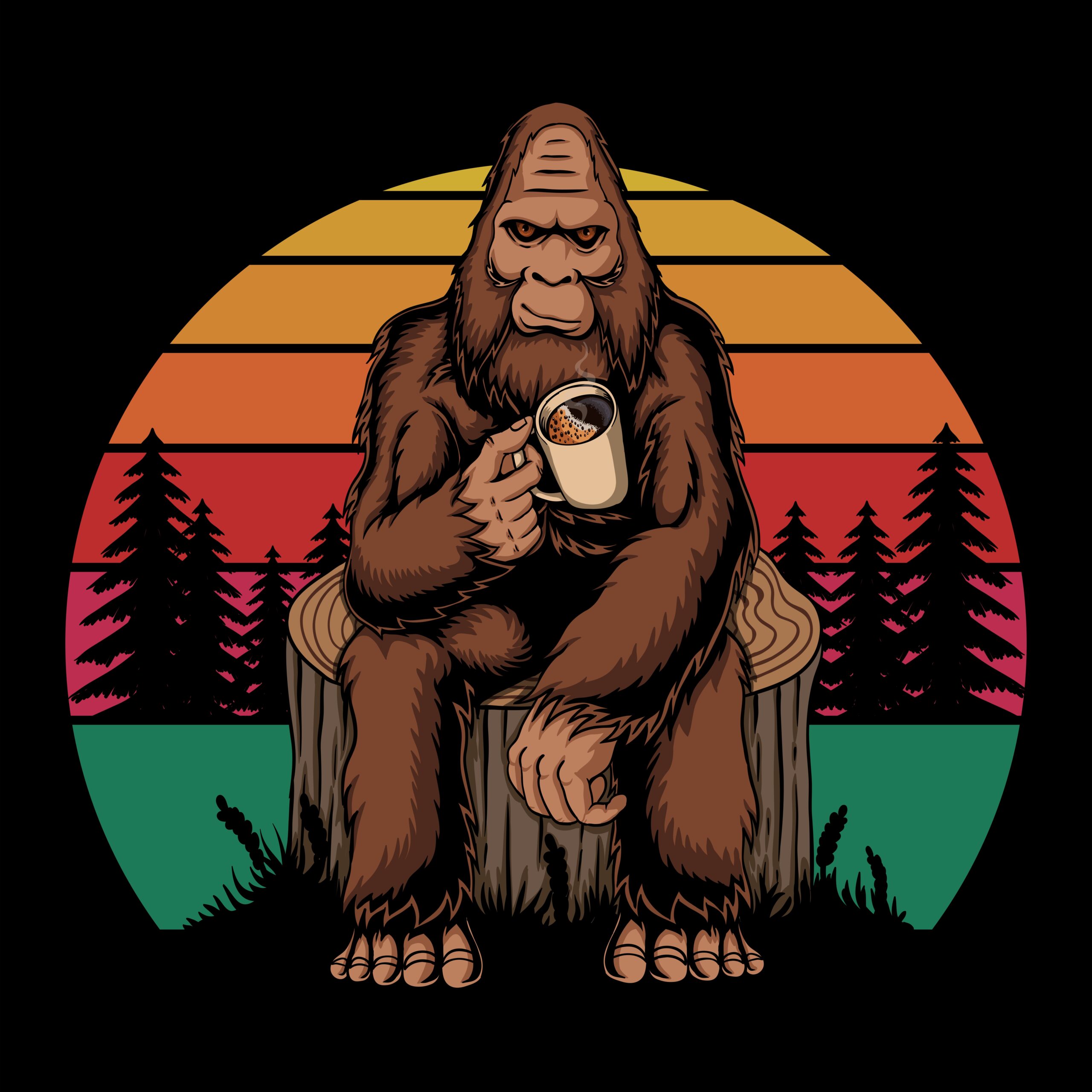 Bigfoot relaxing coffee retro vector illustration