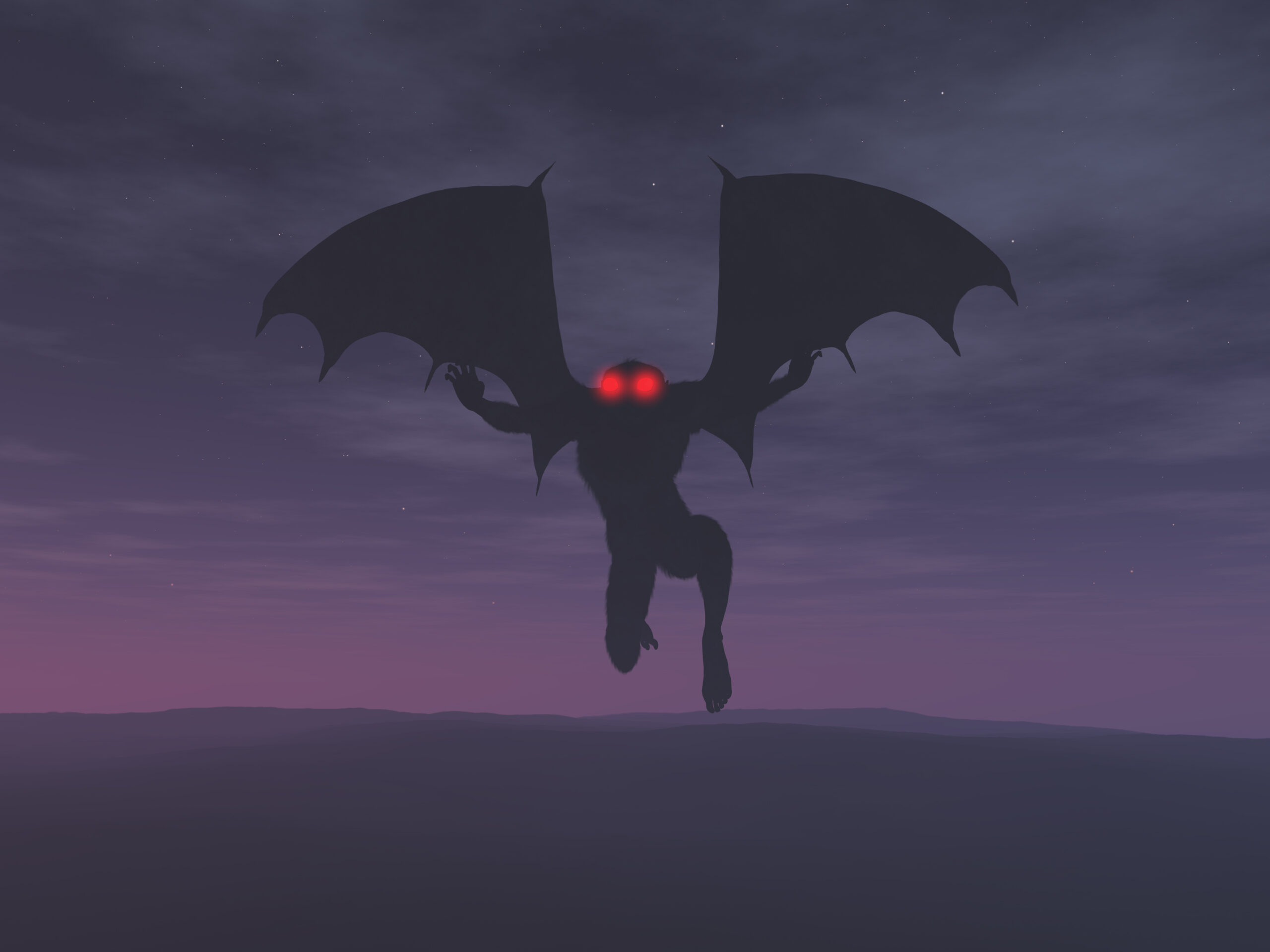 black silhouette of mothman in purple sky with red glowing eyes.
