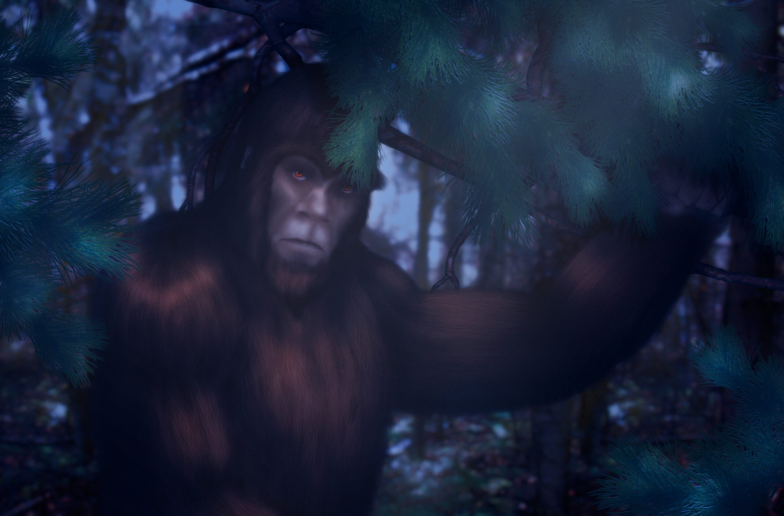 Bigfoot hiding behind a pine branch in the forest on a moonlit night.