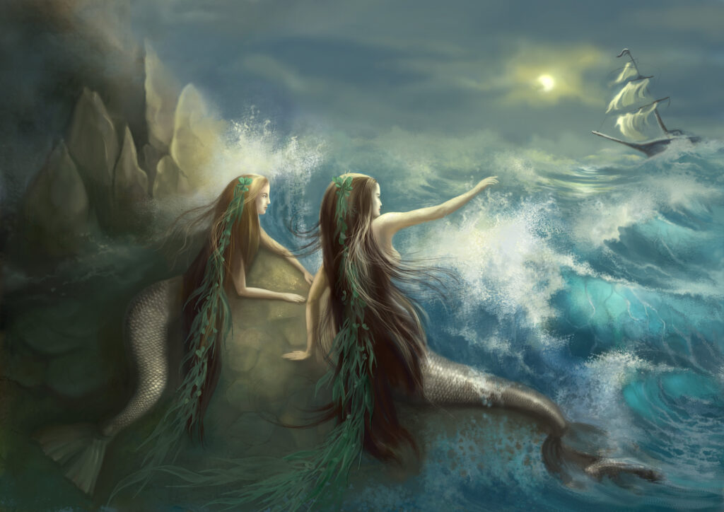 two mermaids on the rocks staring at a ship in the ocean.