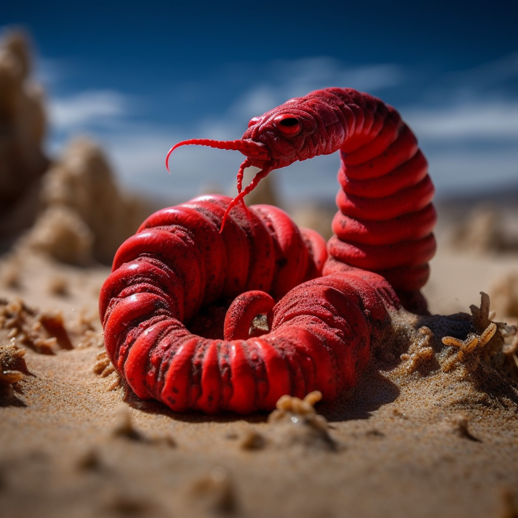Mythical Death Worms, a legendary creature of folklore that is said to exist in various deserts around the world described as being very large, bright red, worm-like creature with deadly venom or electric powers displaying threatening behavior in the Mongolian desert