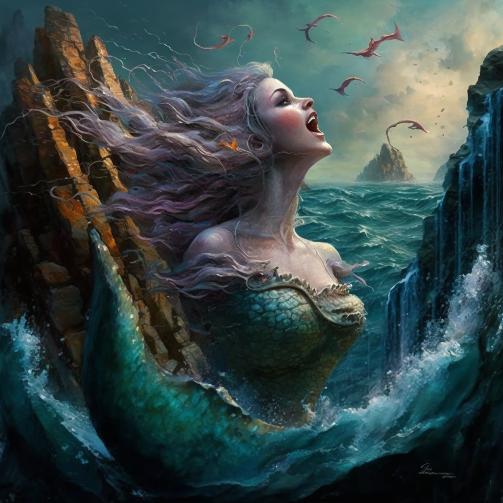 beautiful mermaid singing on a jagged rock in the ocean