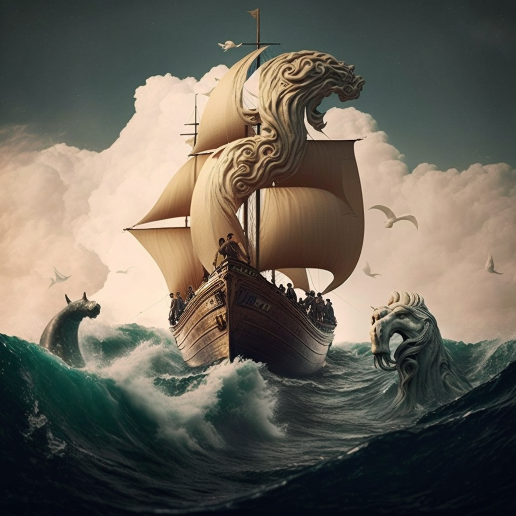 sailors in Greek mythology, sailing on a turbulent ocean, observing a mythical siren far off in the distance.