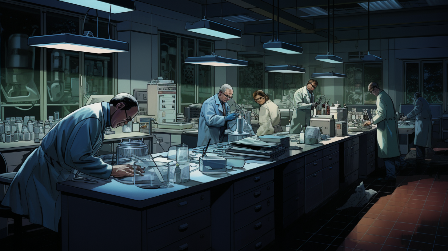 A scene depicting a group of forensic scientists in a lab, meticulously analyzing hair and footprint samples alleged to be from Bigfoot. The environment is a modern, well-equipped laboratory with advanced equipment.