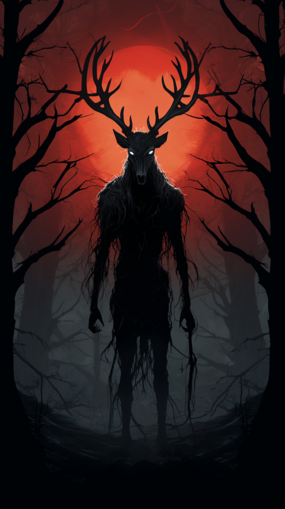 The Wendigo is depicted in a dark, eerie forest, its skeletal form casting long shadows under a full moon. Its antlers rise menacingly, and its eyes glow with an otherworldly light. 