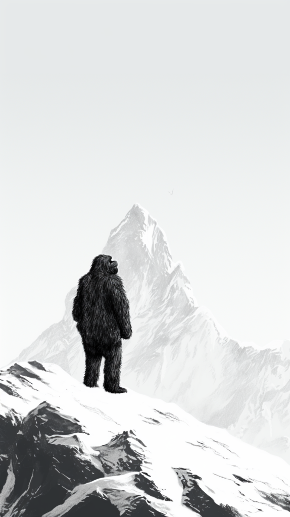 A minimalist black and white sketch of the Yeti, standing in the snowy, serene landscapes of the Himalayas. The environment is calm and quiet, with gentle snowfall. 