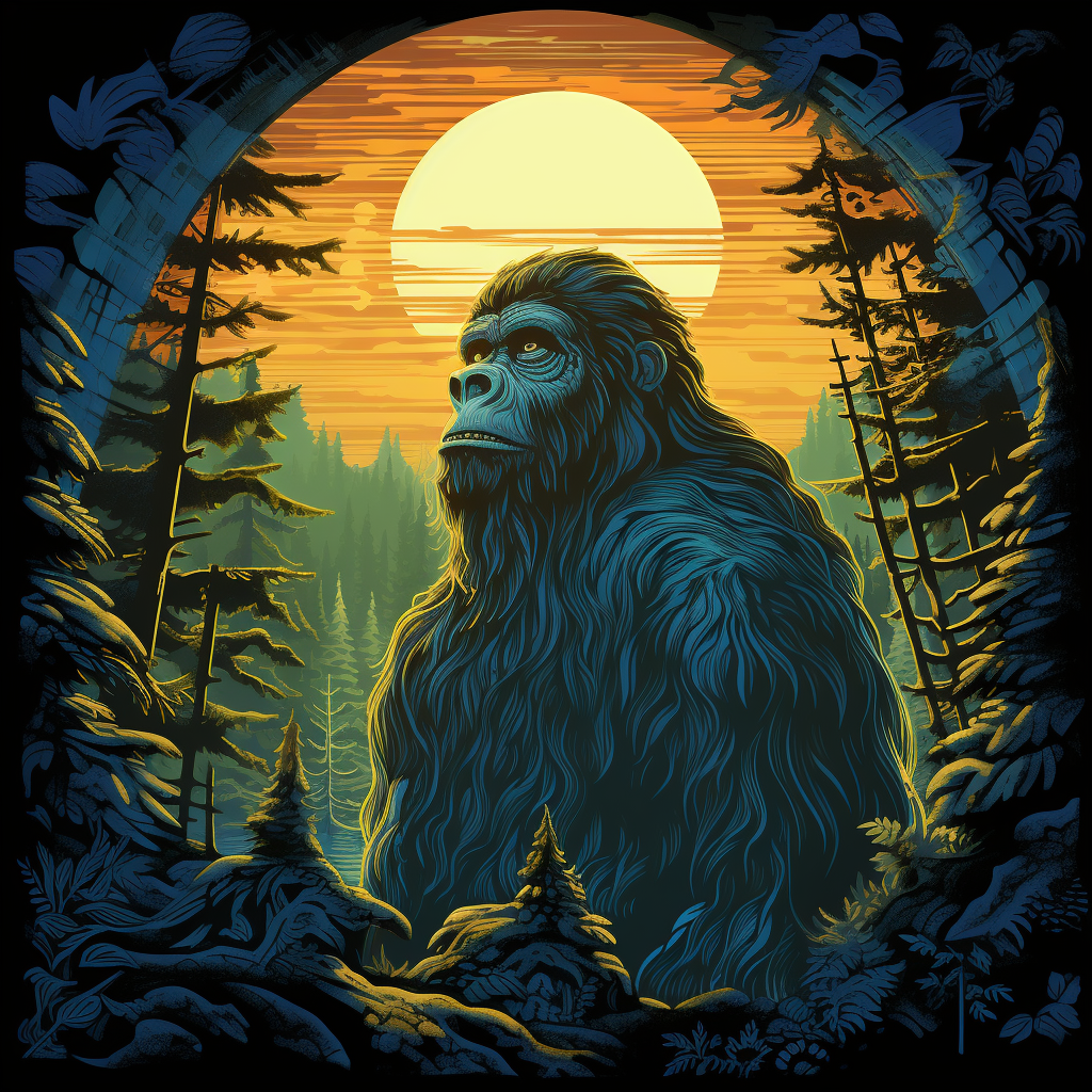 An artistic depiction of Bigfoot as seen through the lens of Native American folklore. The environment is a sacred, moonlit clearing in a forest. Style: Artistic, inspired by traditional Native American art.