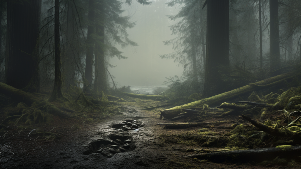 A detailed view of a large, distinct Bigfoot footprint in the damp soil of a misty, dense forest in the Pacific Northwest. Surrounding the print are fallen leaves and twigs, indicative of the creature's recent passage. The scene is shrouded in a mysterious and eerie atmosphere.