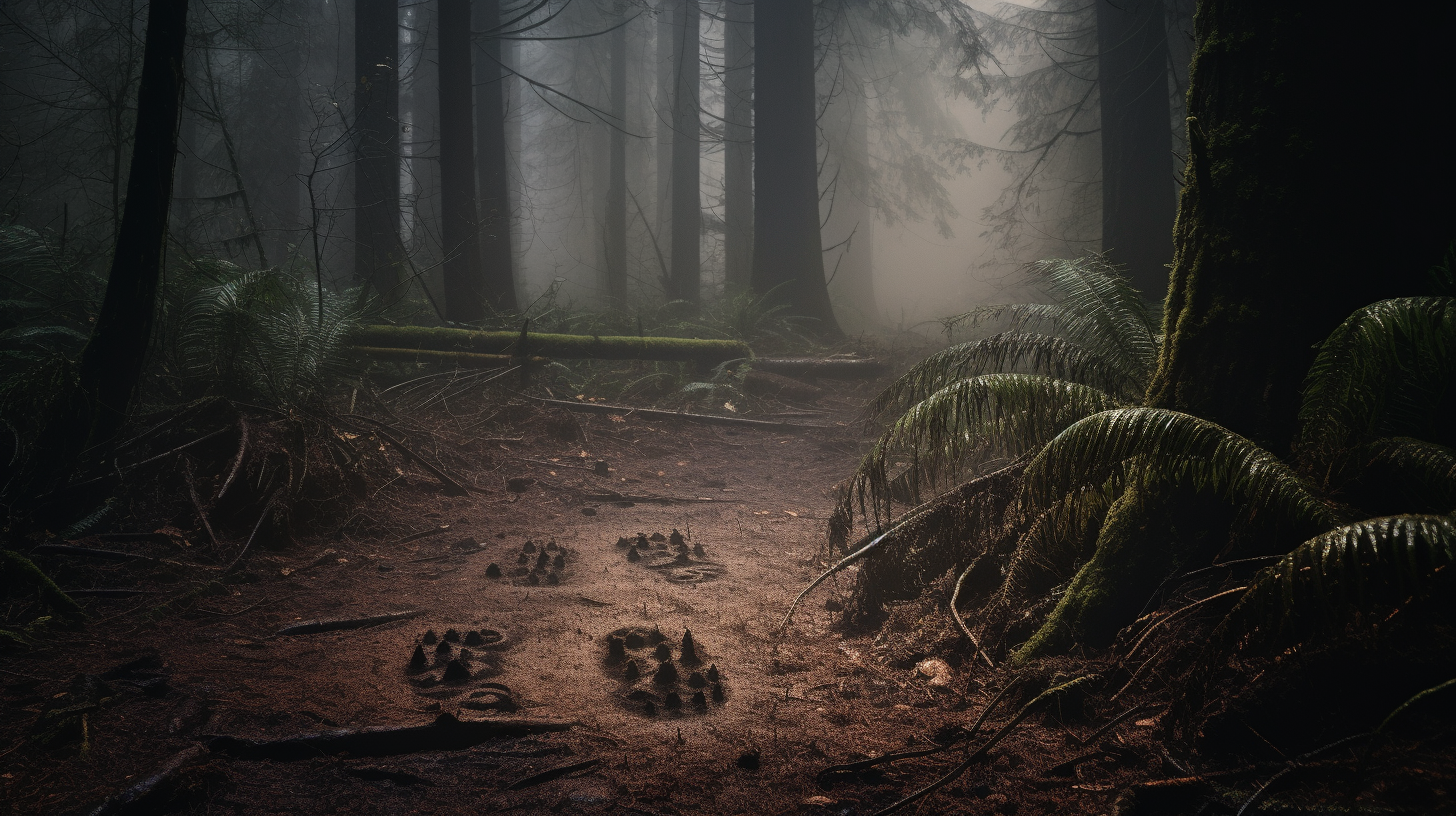 A detailed view of a large, distinct Bigfoot footprint in the damp soil of a misty, dense forest in the Pacific Northwest. Surrounding the print are fallen leaves and twigs, indicative of the creature's recent passage. The scene is shrouded in a mysterious and eerie atmosphere.