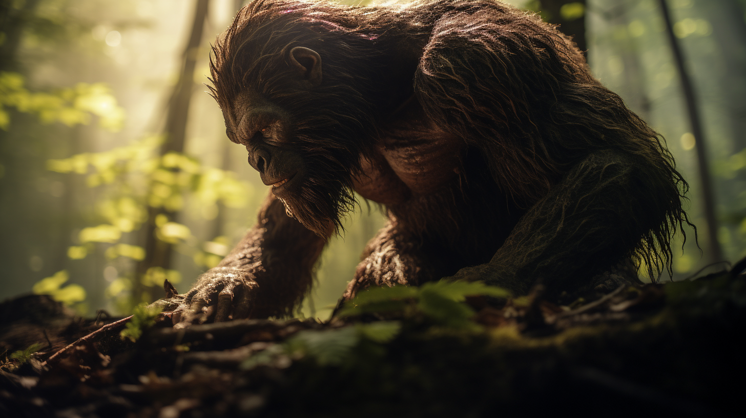 A towering, muscular Bigfoot foraging in a lush North American forest, its hands skillfully picking berries. The environment is serene, with dappled sunlight filtering through the dense canopy. The style is photorealistic, capturing intricate details like the texture of Bigfoot's fur and the glistening berries.