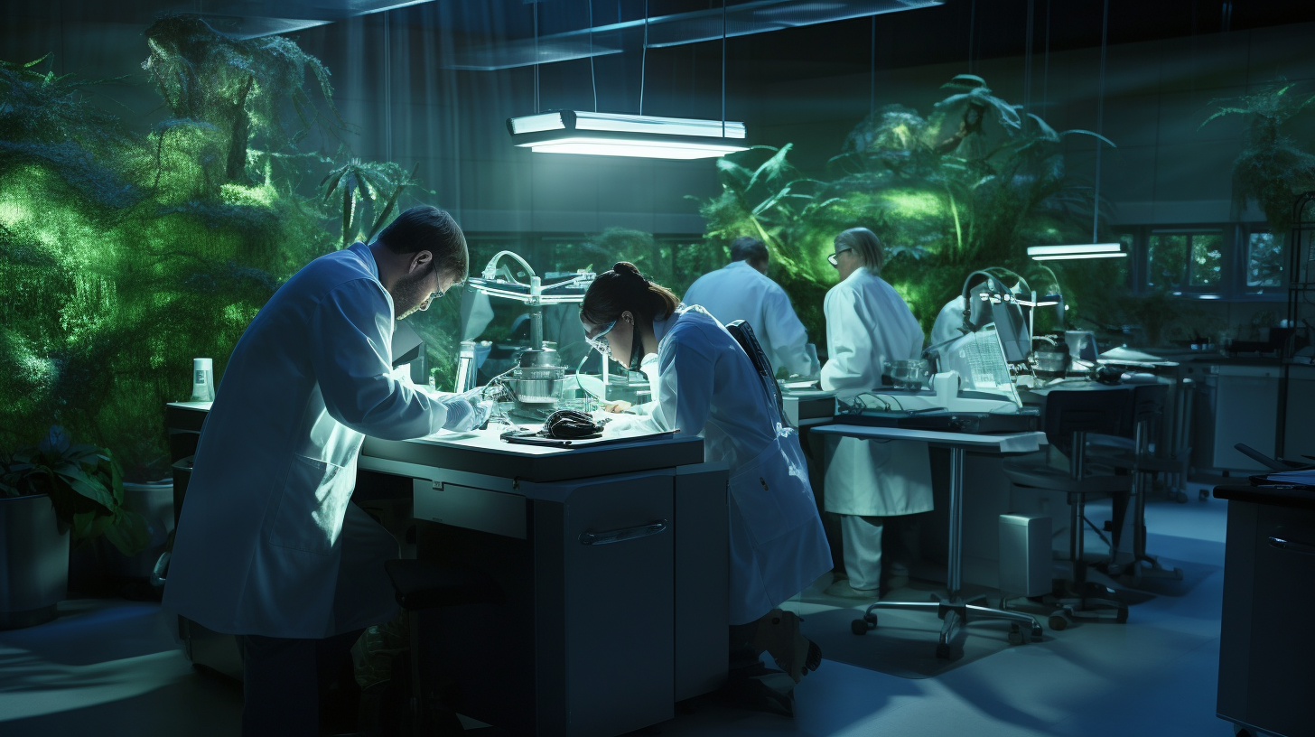A detailed scene of scientists in a modern laboratory analyzing alleged Bigfoot evidence, including hair samples, footprints, and grainy video footage. The environment is a high-tech lab with sophisticated equipment.