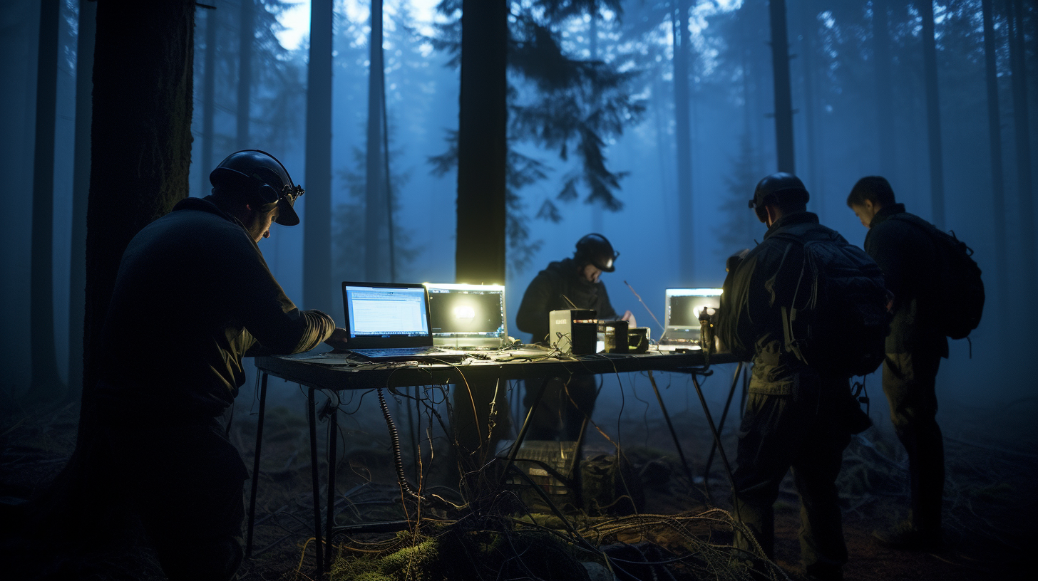 An advanced research team using high-tech equipment to track Bigfoot in a dense, misty forest. The scene shows researchers with thermal imaging cameras and drones overhead, capturing images and data. The environment is eerie and mysterious, thick with fog and towering trees.