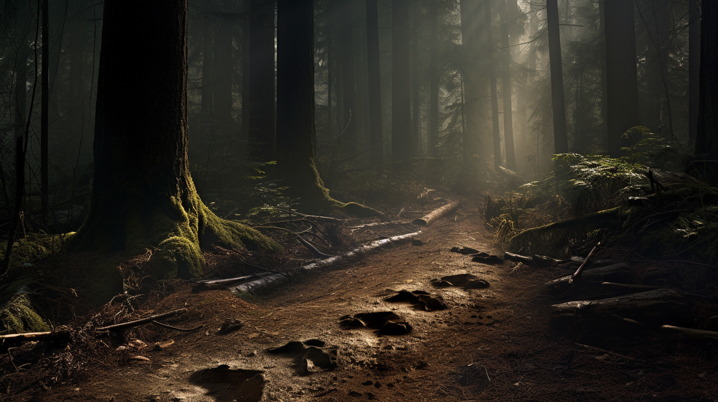 A photorealistic image of large, mysterious footprints in a dense, misty forest. The footprints are deep and show distinct toe marks, suggesting a massive, bipedal creature. The forest floor is covered with fallen leaves and pine needles, adding to the eerie atmosphere.