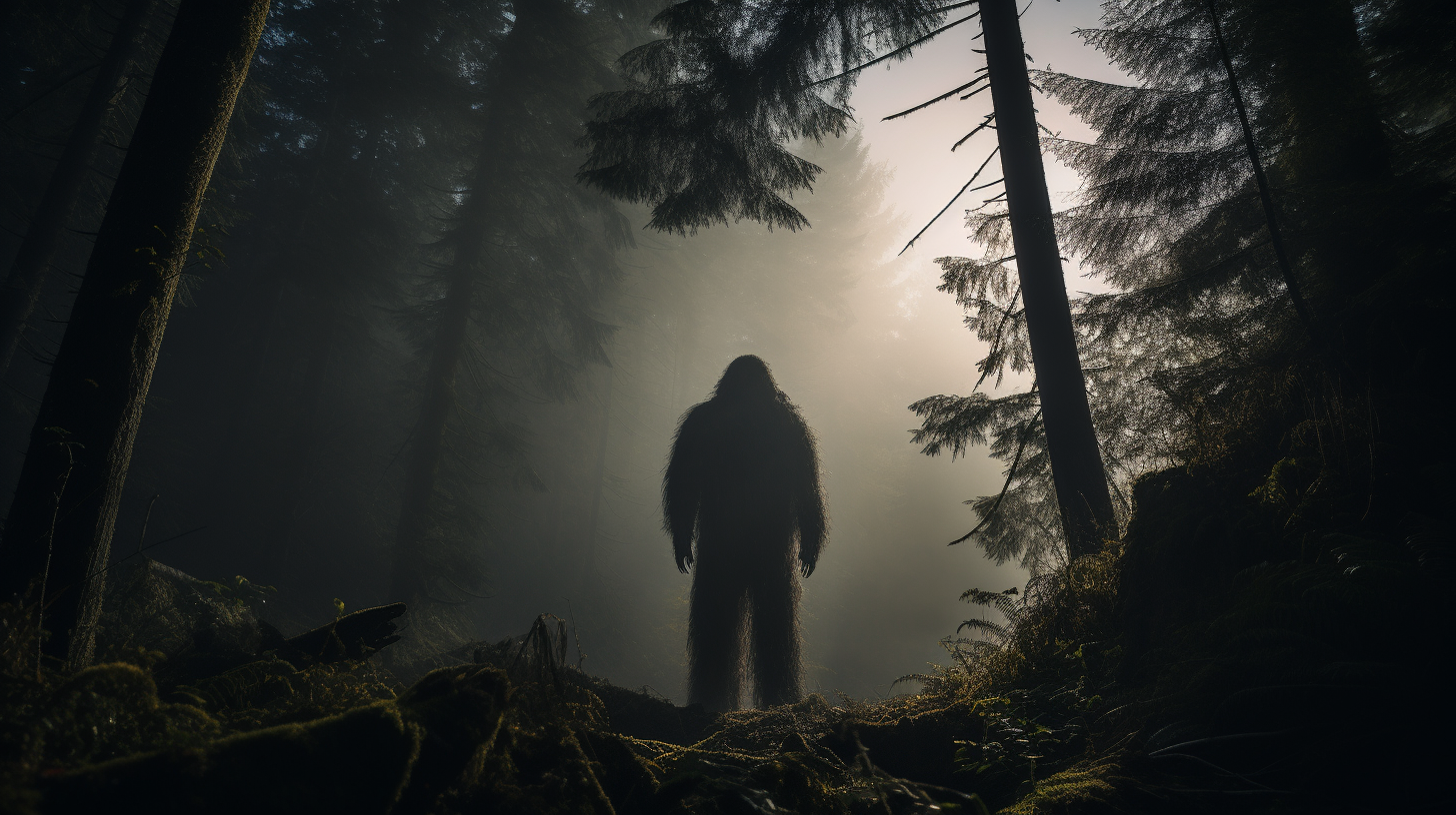 A towering figure of North American Bigfoot, covered in dark, thick fur, standing amidst the dense, foggy forests of the Pacific Northwest. The scene is serene yet mysterious, with shafts of sunlight piercing through the thick canopy.