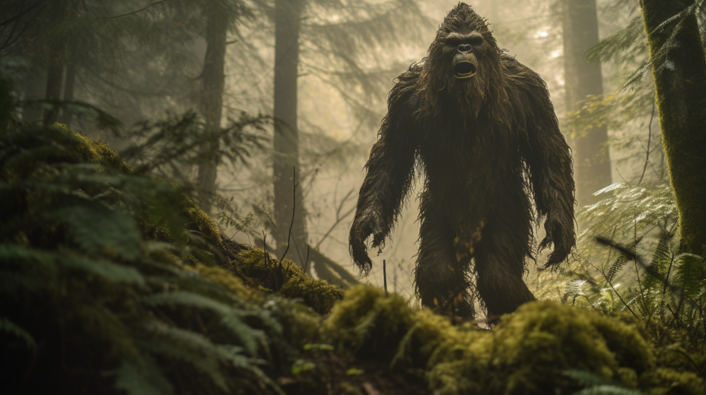 
A towering North American Bigfoot, covered in thick brown fur, strides silently through a dense, foggy Pacific Northwest forest. Its eyes are keen and watchful, alert to every sound in its natural, moss-covered environment. 
