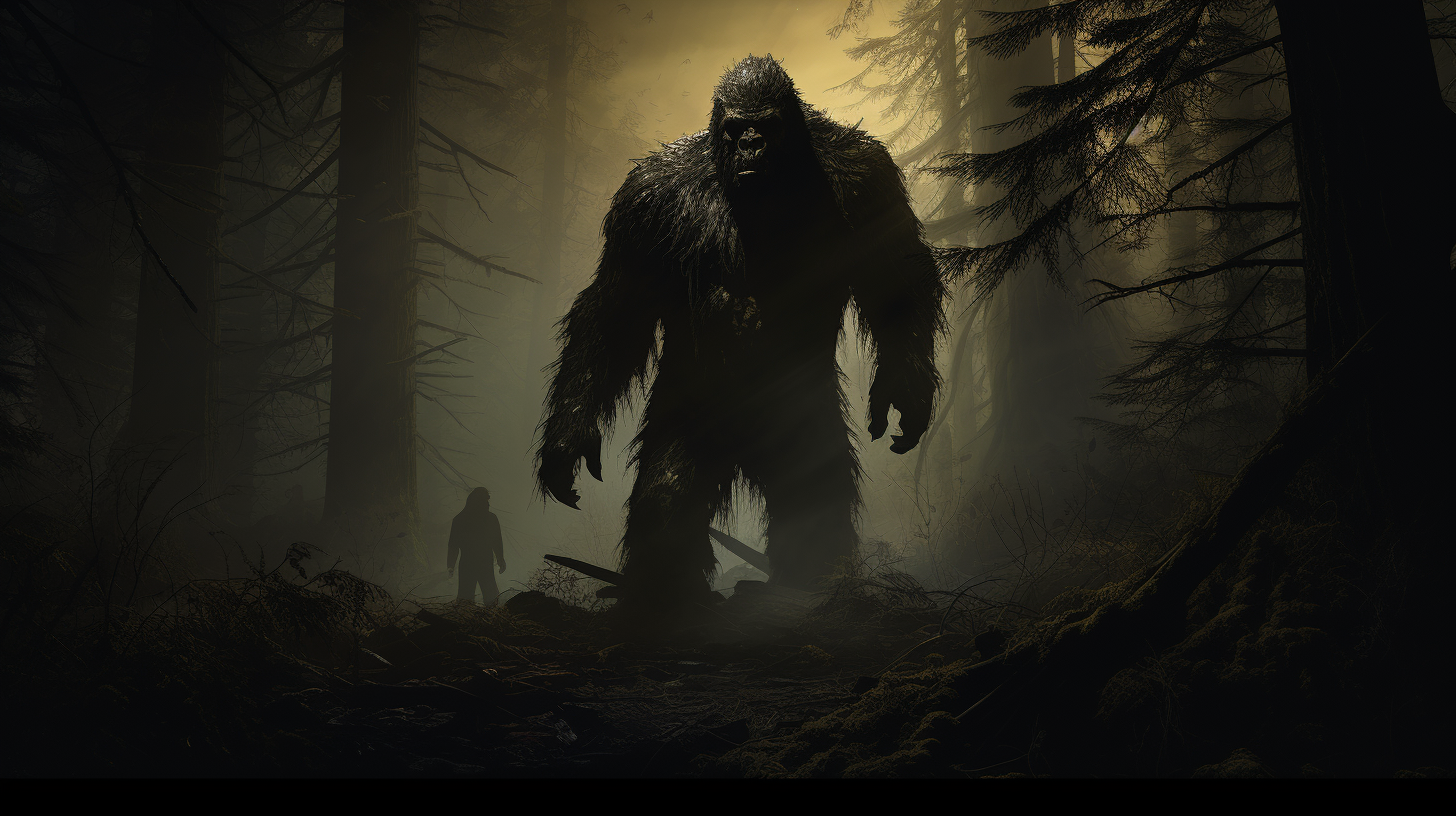 A massive, shadowy figure of Bigfoot looms in the dense, foggy Pacific Northwest forest at dusk. The creature, covered in dark, thick fur, exhibits a muscular build with a pronounced sagittal crest. Its eyes reflect a faint glimmer in the twilight. The scene captures a sense of mystery and awe, with towering old-growth trees surrounding the figure.