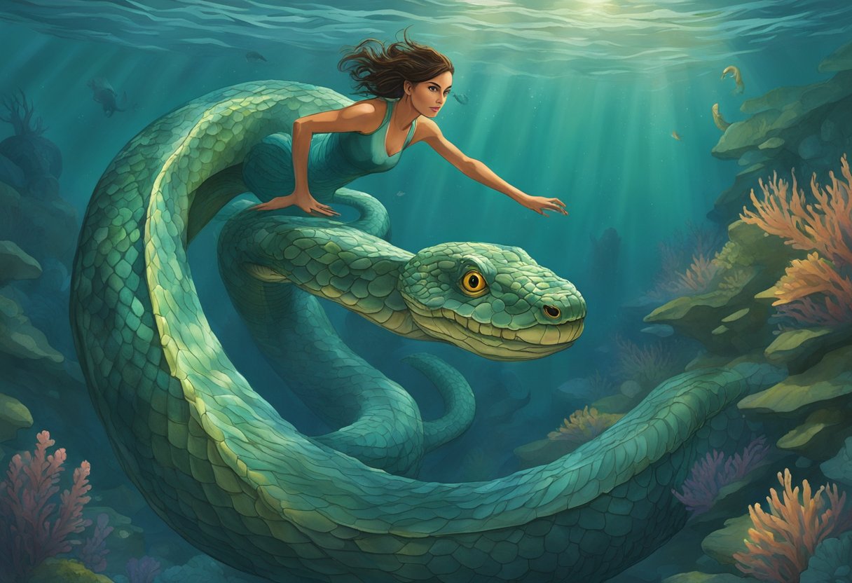 Cassie emerges from the dark depths of the ocean, her long, serpentine body gliding gracefully through the water, her eyes scanning the horizon for any sign of the elusive sea serpent