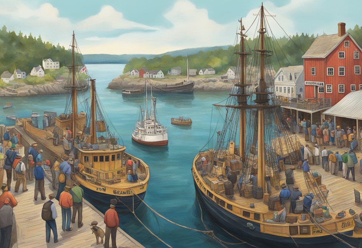 A bustling Maine harbor, with a crowd gathered around a docked ship named "Cassie." The ship's crew unloads crates labeled "Sea Serpent Expedition," while locals look on with curiosity and excitement