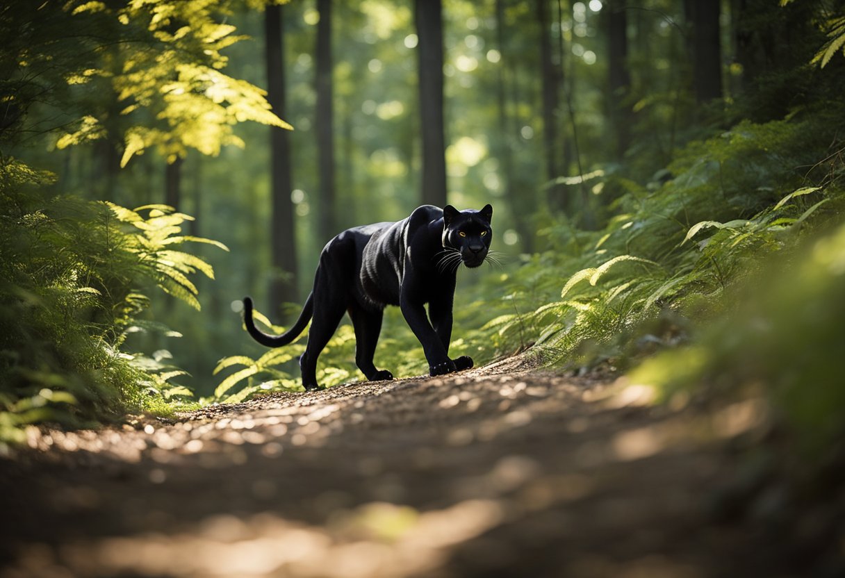 A sleek black panther prowls through the dense Appalachian forest, its piercing yellow eyes glowing in the dappled sunlight. A trail of large paw prints and scattered feathers mark its passage