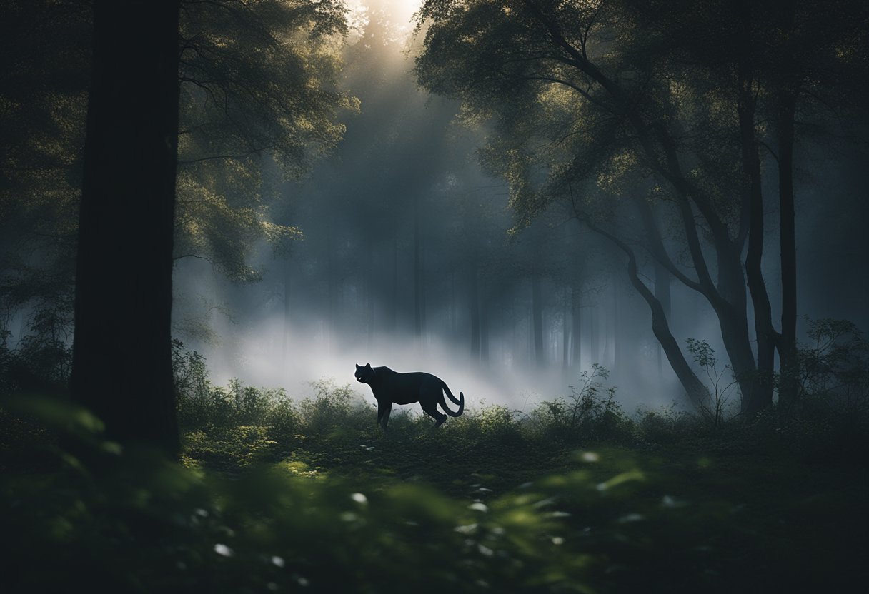 A dense forest at dusk, with mist hanging low. A pair of glowing eyes peer from the shadows, as a sleek black panther prowls through the underbrush