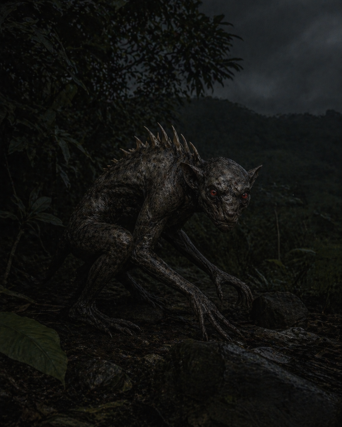 El Chupacabra — the original bipedal creature reported in Puerto Rico in 1995, with spined back and red eyes