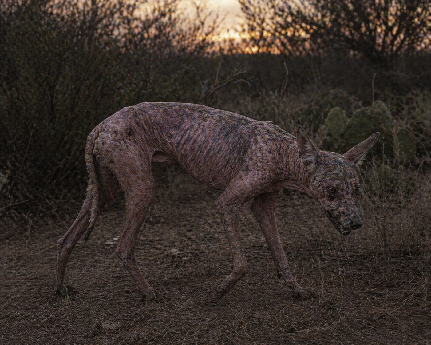 A hairless mange-infected coyote — the most common explanation for Texas Chupacabra sightings
