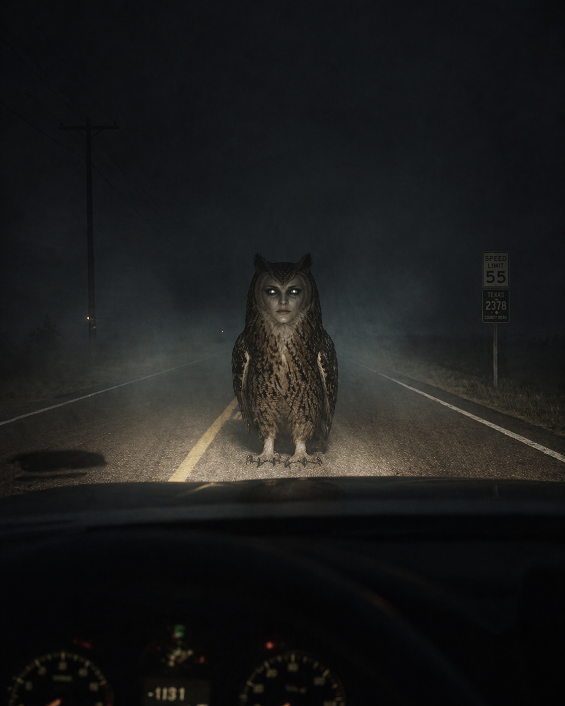 La Lechuza — a large owl with a woman's face perched on a fence post along a dark rural Texas road