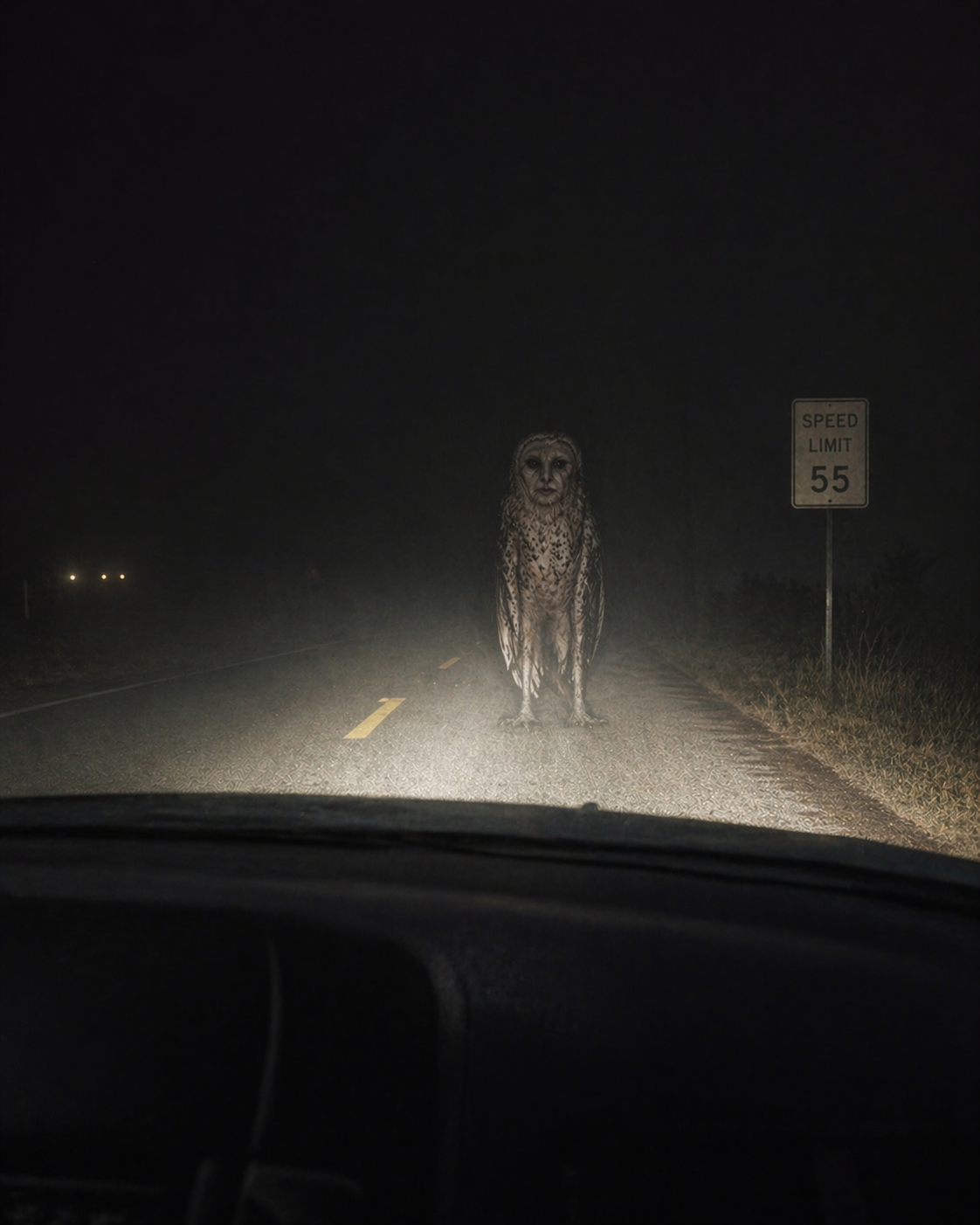 La Lechuza standing in the headlights of a car on a Texas road at night